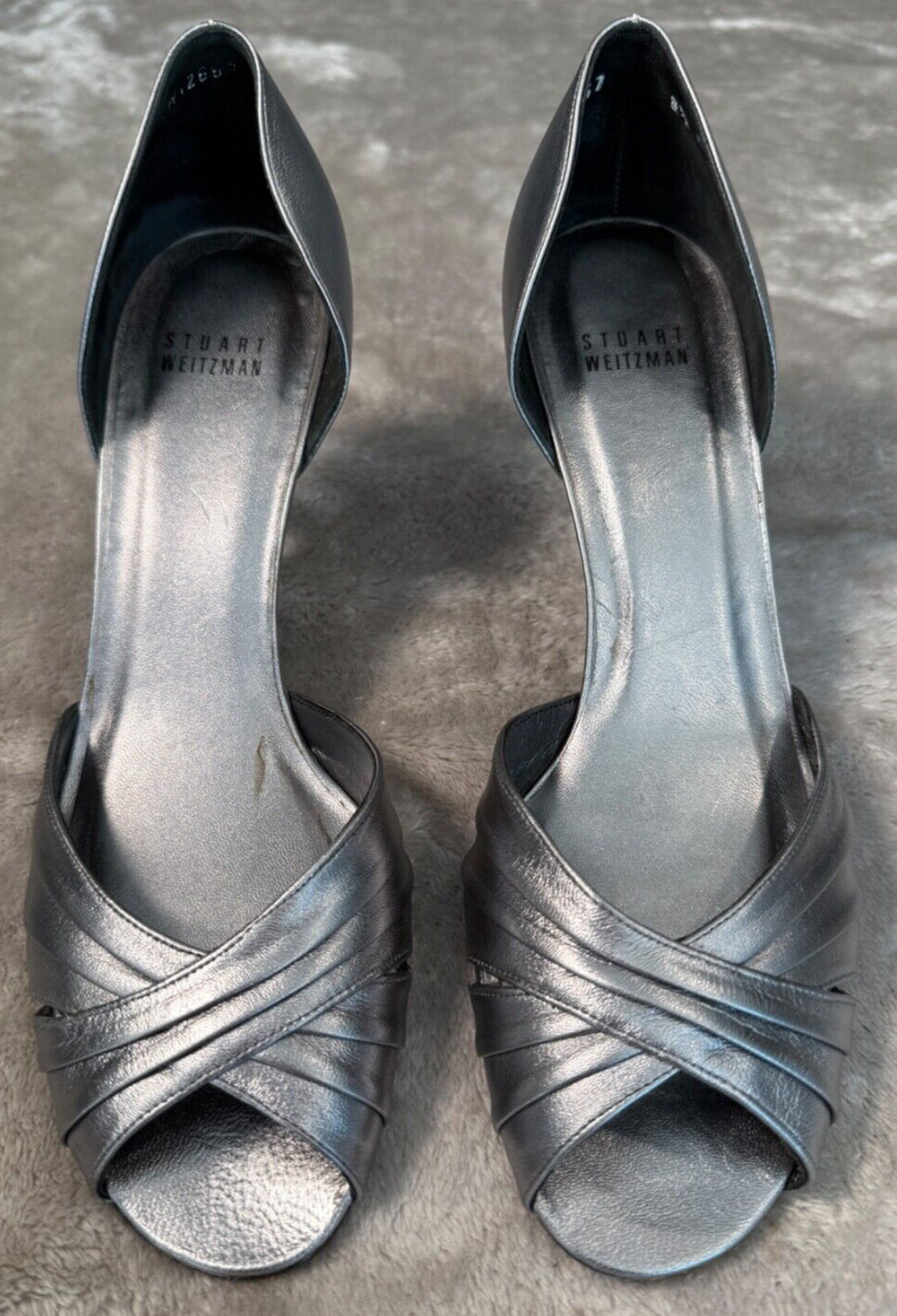 Stuart Weitzman Silver Metallic Leather Peep Toe Heels Womens Size 8.5